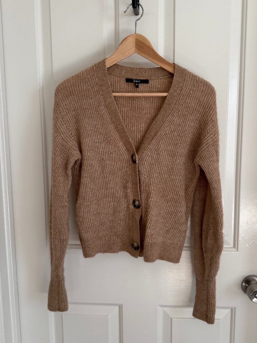 Quince Baby Alpaca-Wool Cropped Cardigan in Camel, Size Small